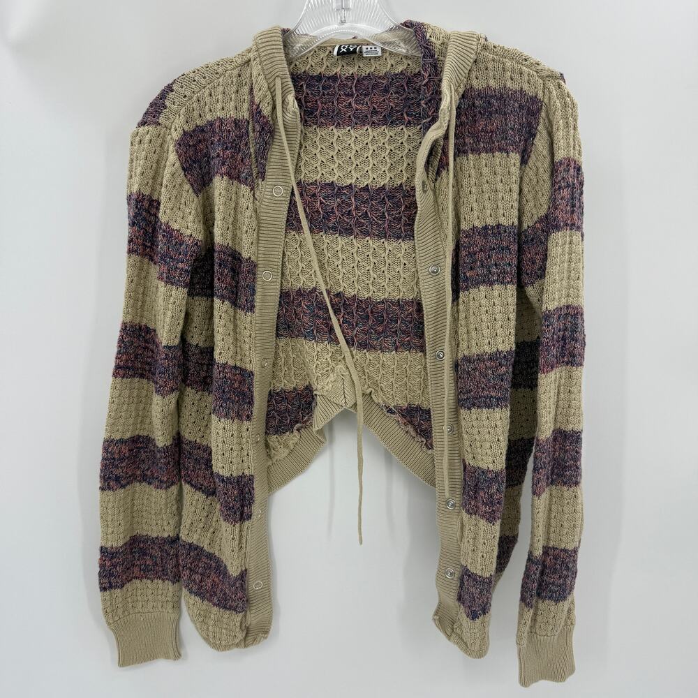 ROXY Womens Loose Knit Striped Cardigan Size M Hood V Notch Back Snap Y2K Crop